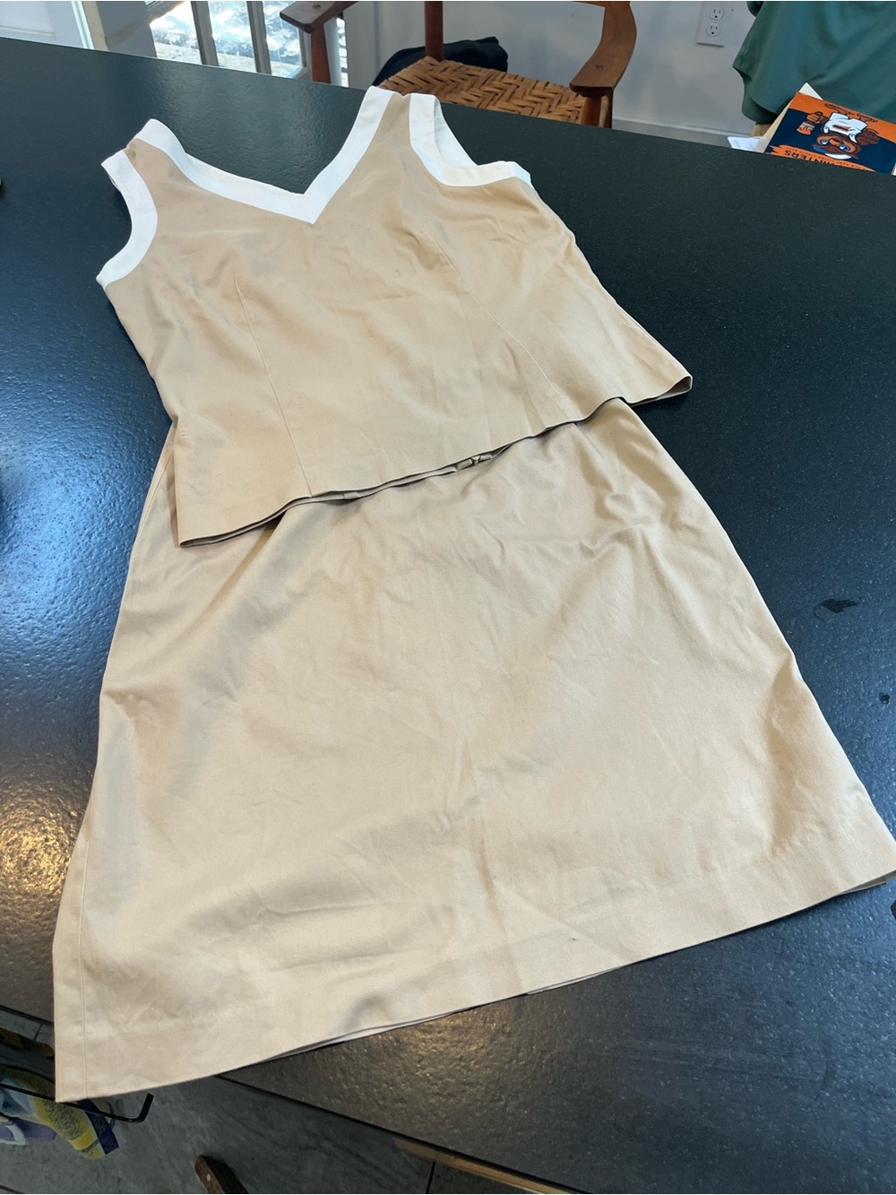 Beige Two-Piece V-Neck Skirt Set with White Trim